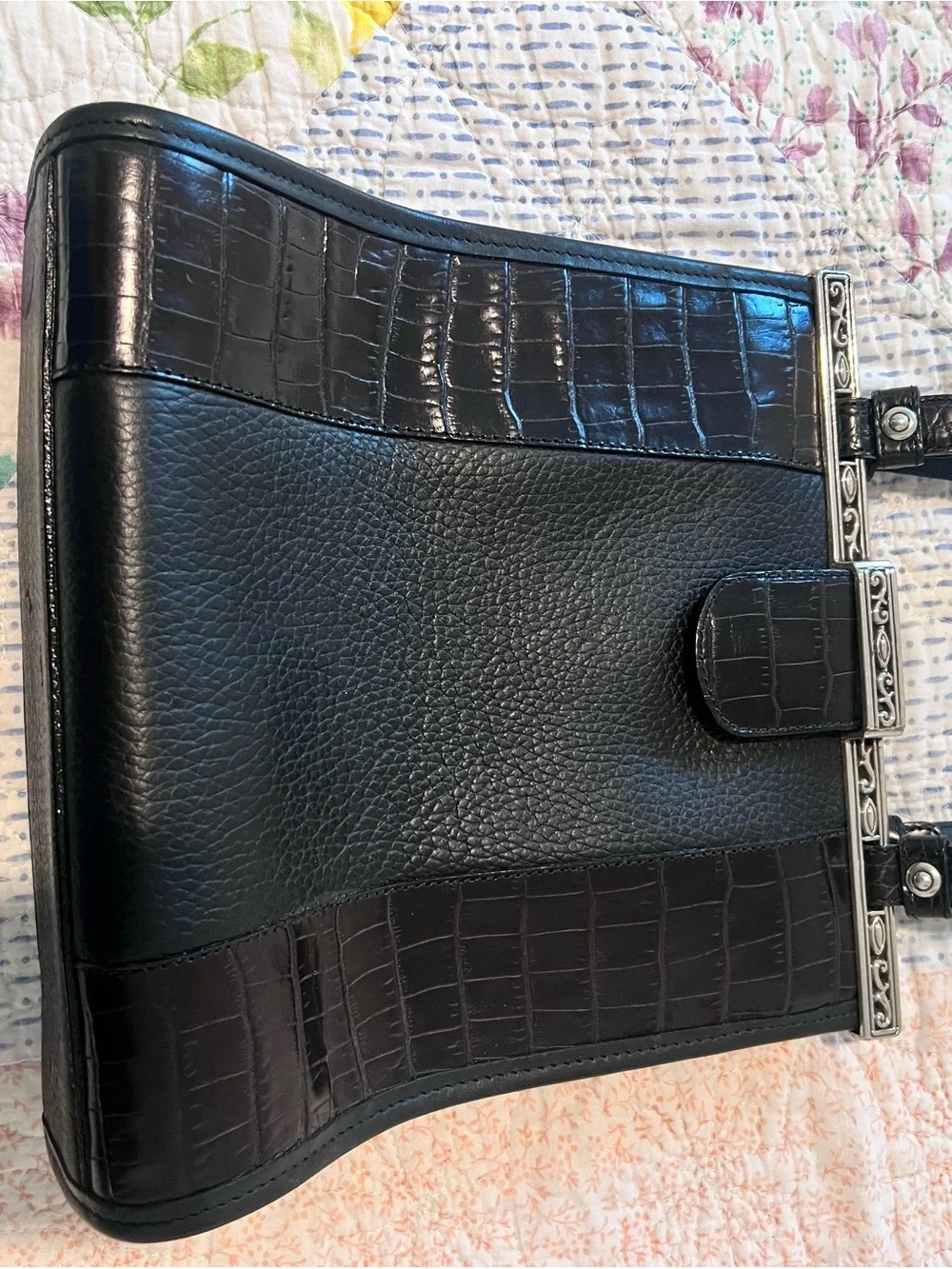 Brighton Black Leather Croc Embossed Handbag
